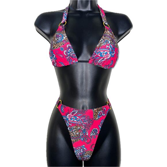 New‎ Small Pink Paisley Bikini Swimsuit Set O-Ring Triangle Padded Halter Retro - Picture 2 of 6